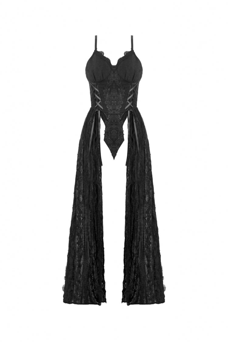 Black Floral Embroidered Lace Slip Dress Gothic Sleeveless