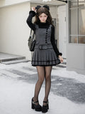 Box with and Pleat Short Belt Gray Faux Pockets Low-Waist Dress Chic Decorative