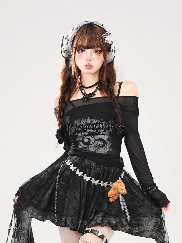 Sheer Off-Shoulder Black Top Two-Piece Set