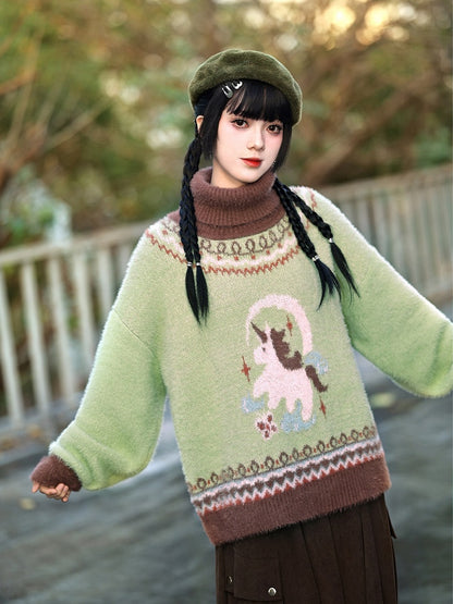 Green Jacquard Unicorn High-neck Sweater Isle Fair