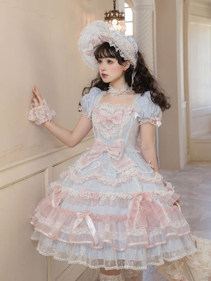 Short Sweet Lolita Princess and Details Bows Pink Blue Striped Dress Bead Sleeves