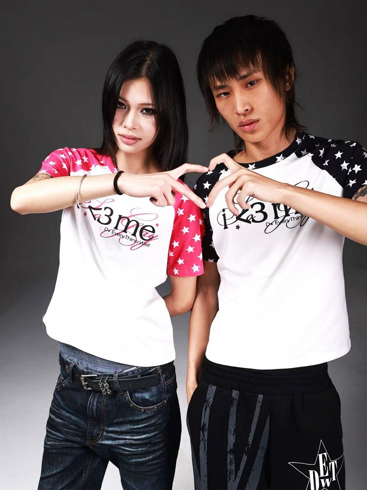 Gender-Neutral Star and Letter Print Short Sleeve Raglan Tee in Black and White - DETW OnLine