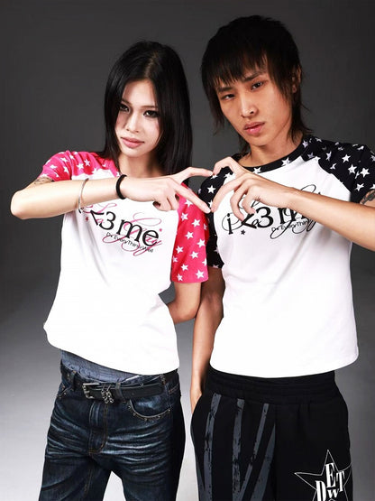 Gender-Neutral Star and Letter Print Short Sleeve Raglan Tee in Pink and White - DETW OnLine