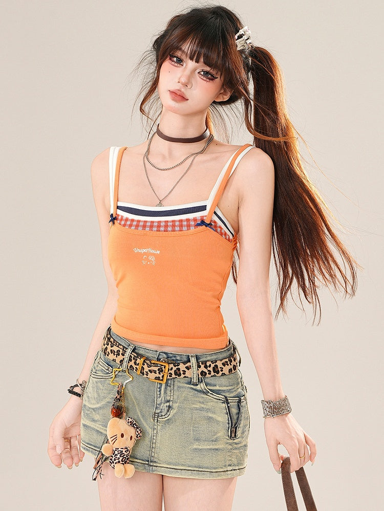 Two-pieces Details Red/Orange Top Faux Cami Bowknot Glamorous Y2K