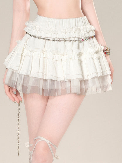 ティアードスカート ホワイト メッシュ 伸縮性ウエスト スイート