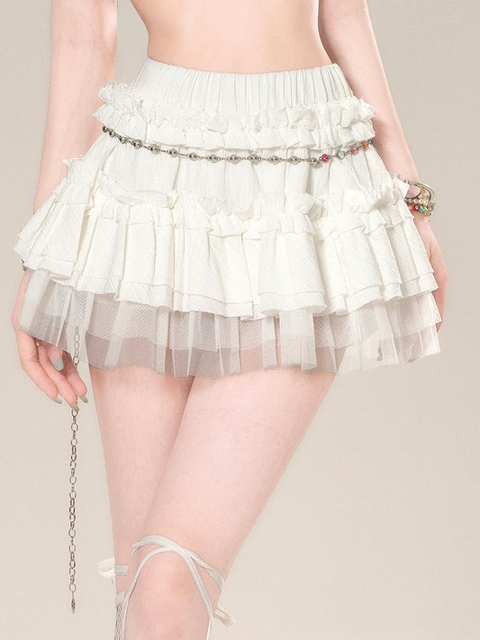 ティアードスカート ホワイト メッシュ 伸縮性ウエスト スイート