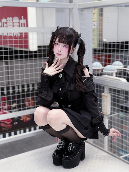 Kei Look Blouse Buckle Cutout Black Shoulder Heart Decorative with | Jirai