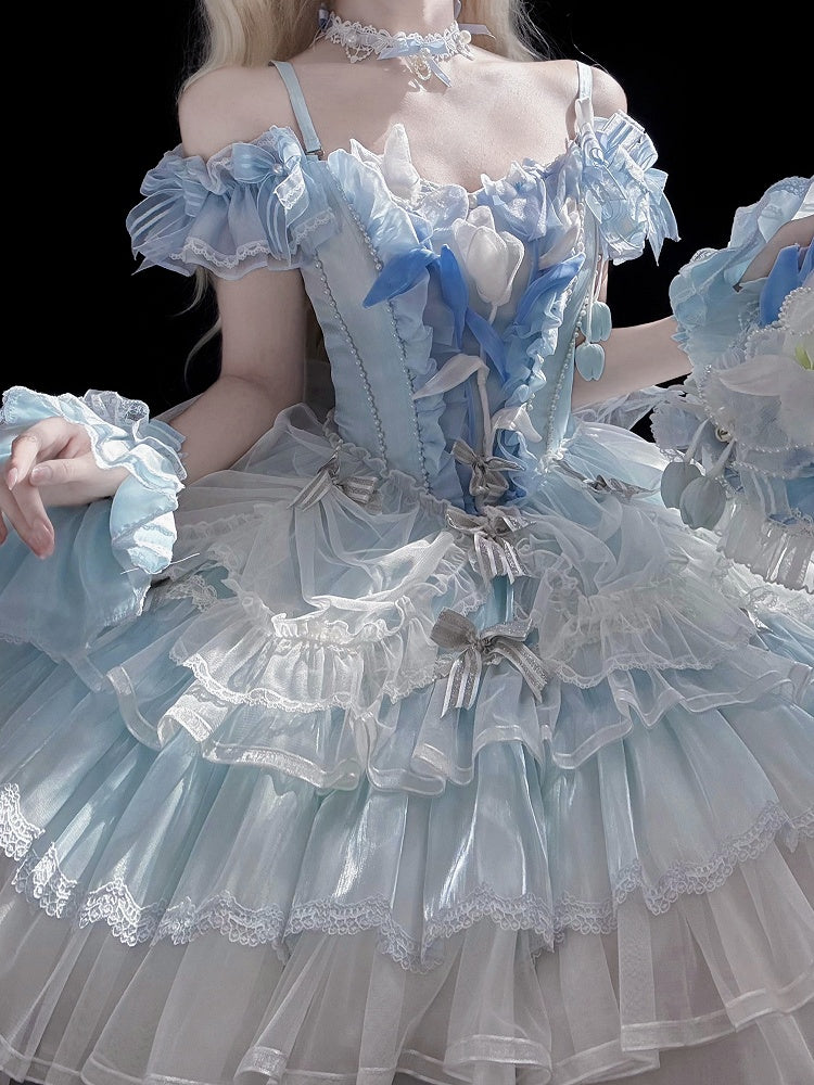 Mehrlagiges Balletcore-Thema, blaues Prinzessinnen-Lolita-Kleid, Rock, Tulpe