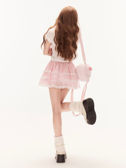 プリントニットTシャツ ホワイト モックネック スイート ボウノット