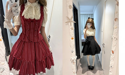 Beige Ruffle Short Puff Sleeve Striped Lolita Blouse - Flower Fairy Daily