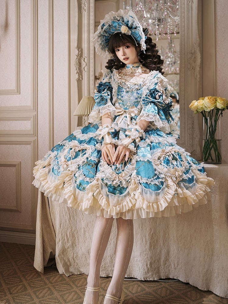 Floral Blue Edge with Hem Lolita Dress Print Scalloped Hime Lace