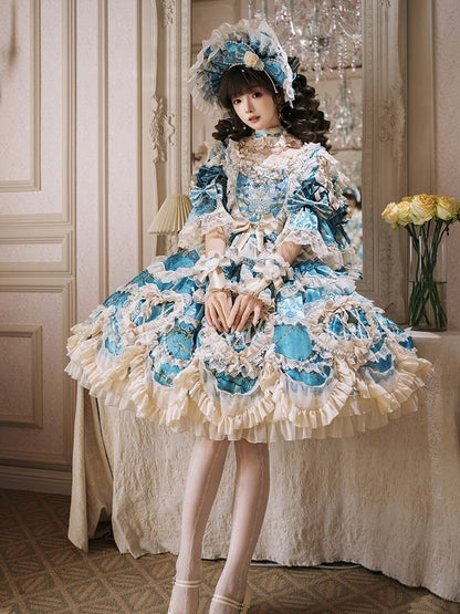 Floral Blue Edge with Hem Lolita Dress Print Scalloped Hime Lace