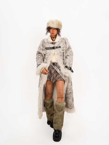 Coat Fur Plush with Straps Adjustable Collar White Mid-Length PU Faux