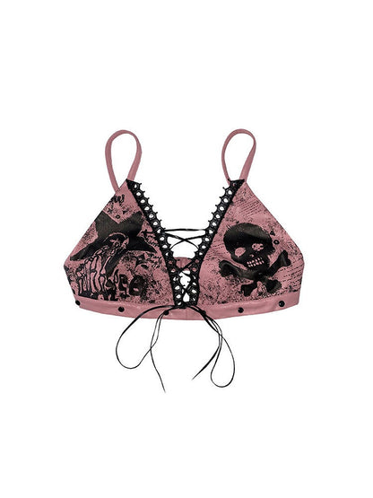 Edgy Pink Punk Bra with Skeleton Prints  Criss-cross Lace-up