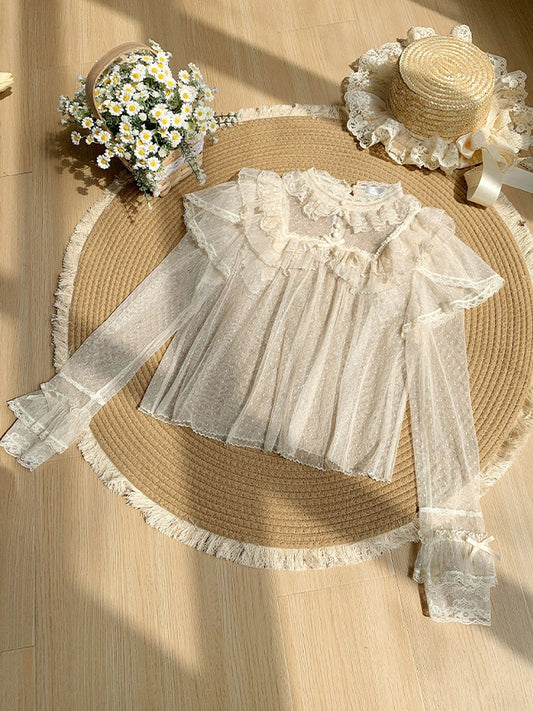 ロングチュールシアートップス レース ベージュスリーブ ドット