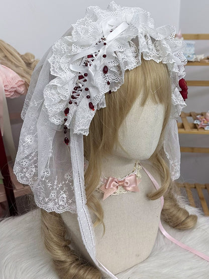 Lace Red Black/White Veil Lolita Hairband Gothic Ruffled Rose Beads With