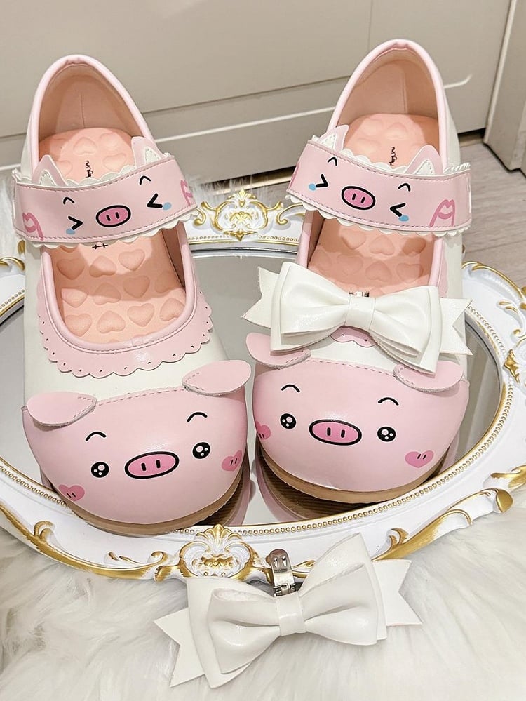 Lolita Detachable Flats Print Edge - Sweet Scalloped PU Bow with Piggy Velcro Pink