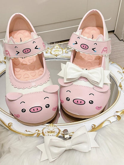 Lolita Detachable Flats Print Edge - Sweet Scalloped PU Bow with Piggy Velcro Pink