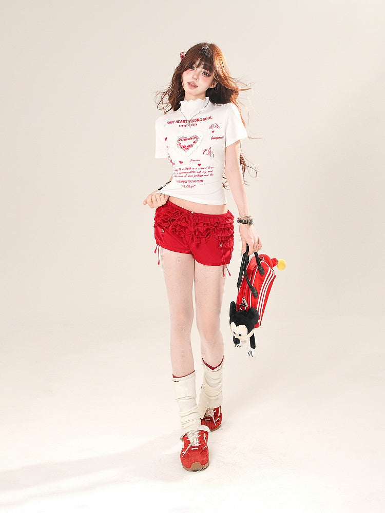 ホワイト/イエロー ハイネック フリル ハート グラフィック Tシャツ