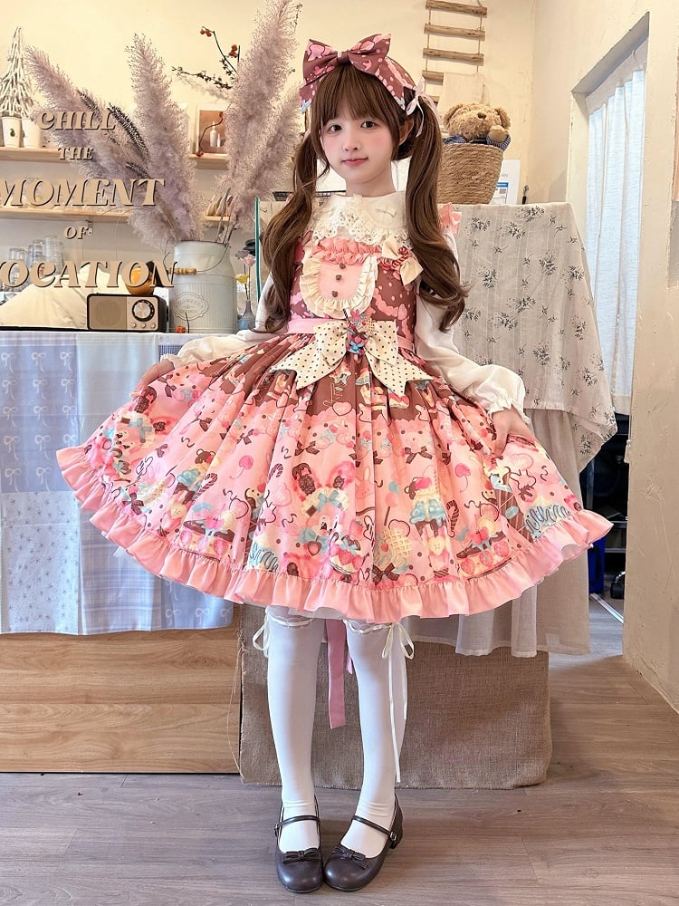 und Taille Rosa Süßes Lolita Bunny Kleid mit hohem Aufdruck Dessert