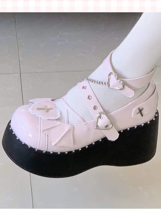 PU Patch Accents Shoes Wing Pink Cross Top Platform Heart Details