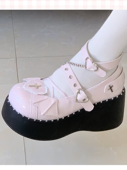 PU Patch Accents Shoes Wing Pink Cross Top Platform Heart Details