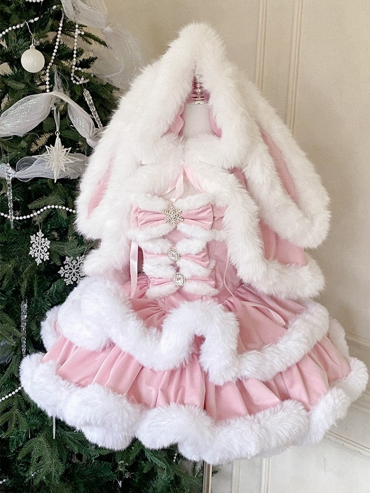 Pink Sweet Winter Lolita Hooded Cape with Oversized Plush Bunny Ears