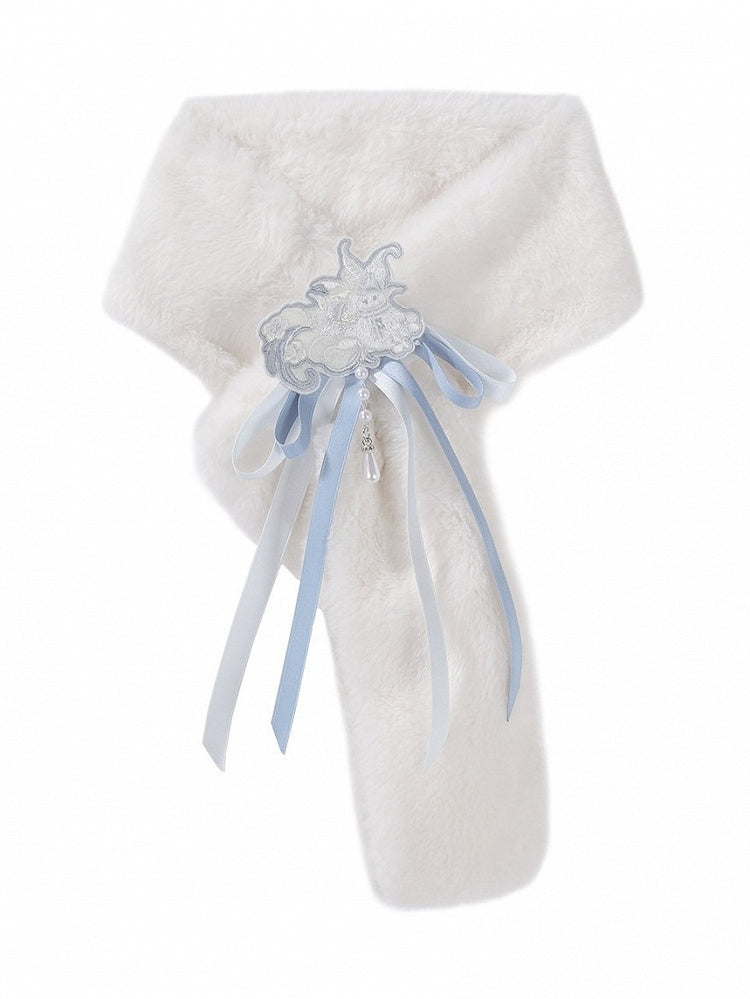White Plush Scarf with Bow and Bead Embellishment for Cozy Styling - Han Ru Chu Hanfu &amp; Han-Element Studi