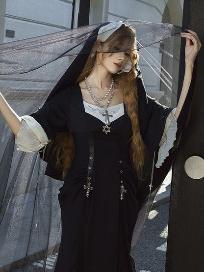 Necklace Set Black Elbow-Length Gloves/Multi-layered Bead