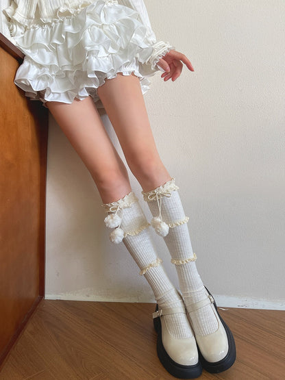 Socks Decor Colors Pom-pom Three-layer Calf 4 Ruffle With At Ion