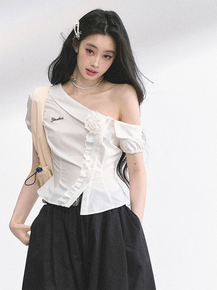 Floral White Trim Asymmetrical Foldover Collar Lace Short Sleeves Shirt Decoration