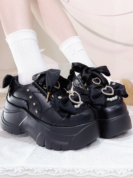 - Kei Lace-Up Shoes Heart Details Black Platform Trim Jirai with Beaded Bow Lace Design Rhinestone