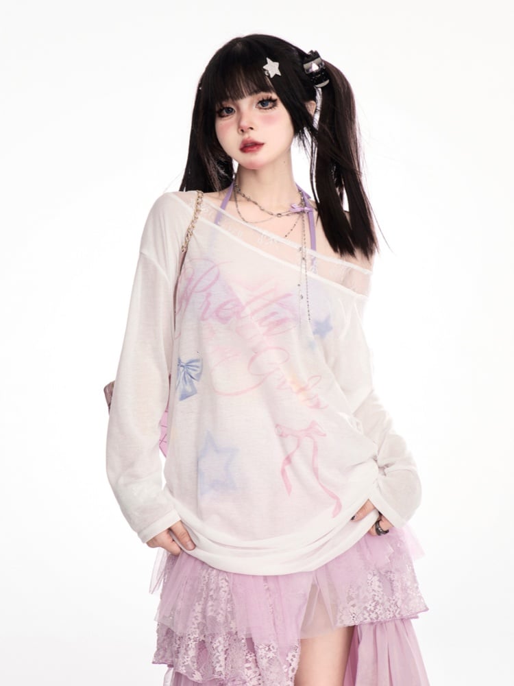 Design Waist Semi-Sheer Coverup White Asymmetrical Neckline Bowknot