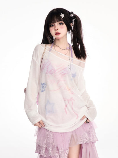 Design Waist Semi-Sheer Coverup White Asymmetrical Neckline Bowknot