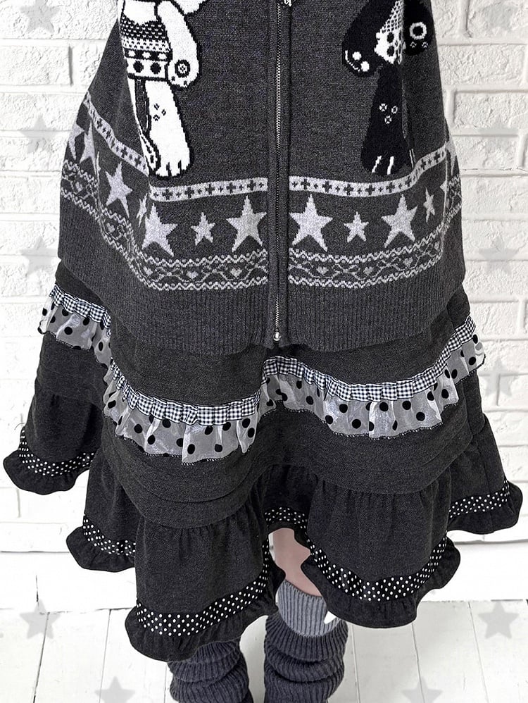 Ruffle Elastic kawaii Daily with Skirt Hemline Grey Waistband
