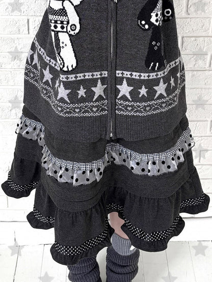 Ruffle Elastic kawaii Daily with Skirt Hemline Grey Waistband