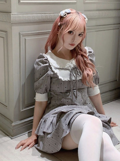 Gray Heart-Printed Peter Pan Collar Ruffled Short Sleeve Dress - Smyster