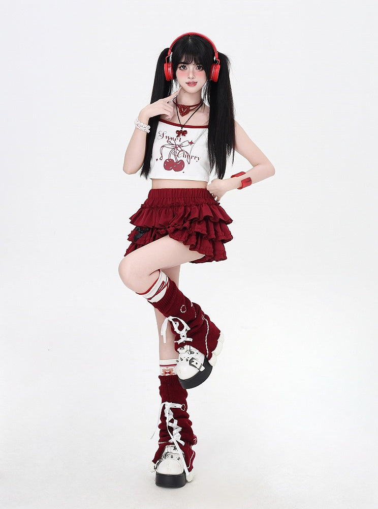 Rotes/schwarzes, kurzes Cami-Top mit Kirschdruck, Lila/Weiß