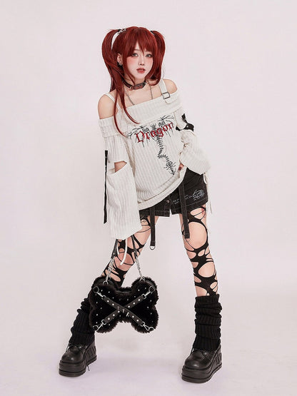 White Knit Letter Embroidery Off-Shoulder Top with Cutout - Tan Tuan