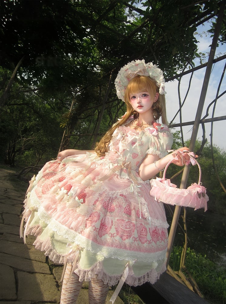 Green & Pink Strawberry Cake Print Bell Sleeve Lolita Dress - Ball Lolita