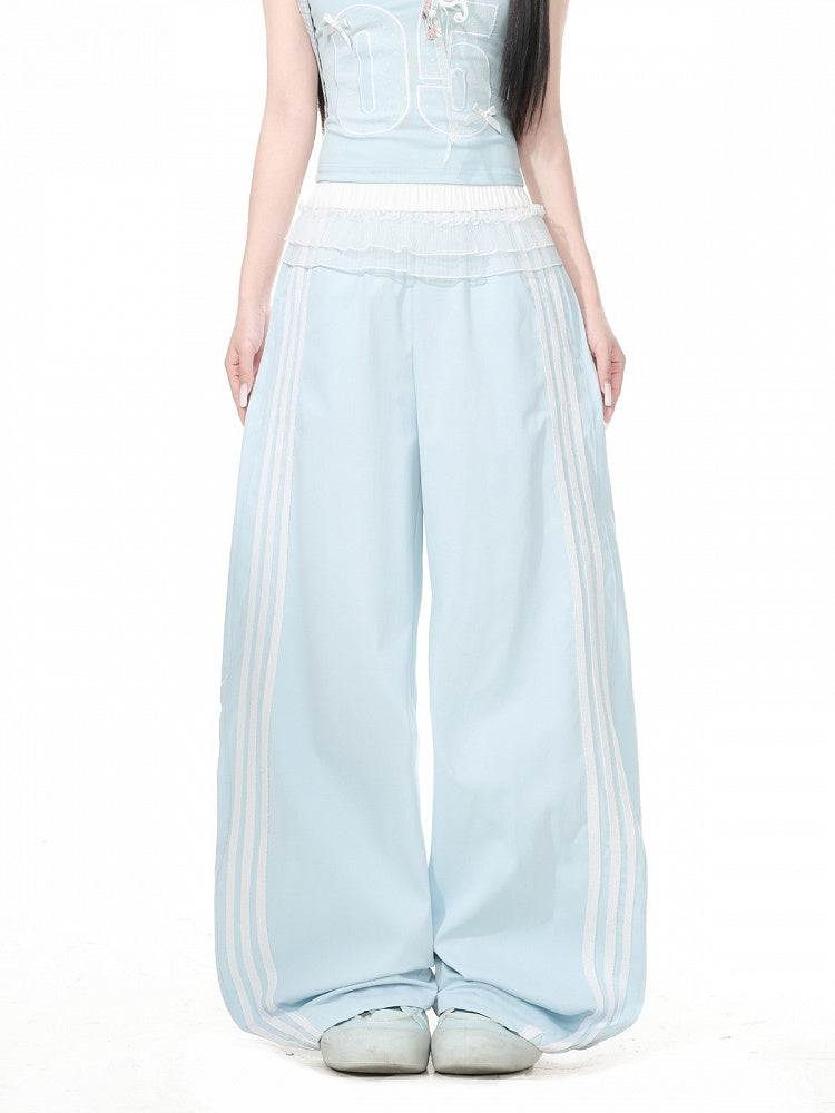 Blue Striped Wide Leg Trousers with Layered Tulle Skirt - Languid Park