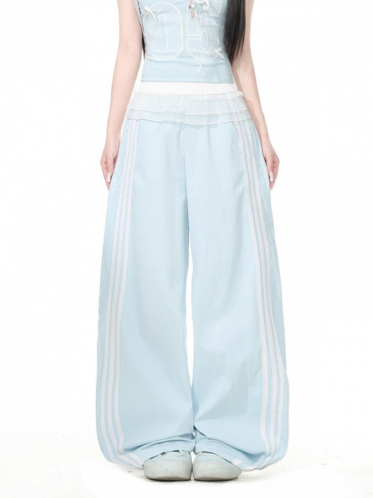Blue Striped Wide Leg Trousers with Layered Tulle Skirt - Languid Park