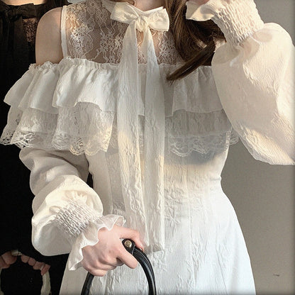 Cutout with Bow Lace Ruffled Shoulder Dress Rose Jirai and Jacquard White Long-Sleeve Kei