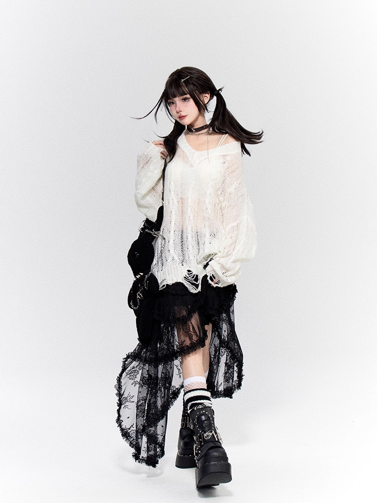 Tiered Lace Asymmetrical Hem Black Skirt with