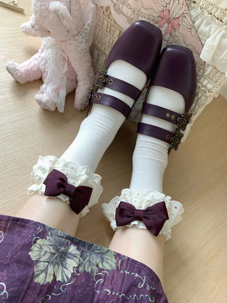Beige Ankle Socks with Bowknot & Lace Trim, 10 Colors - ROJI ROJI