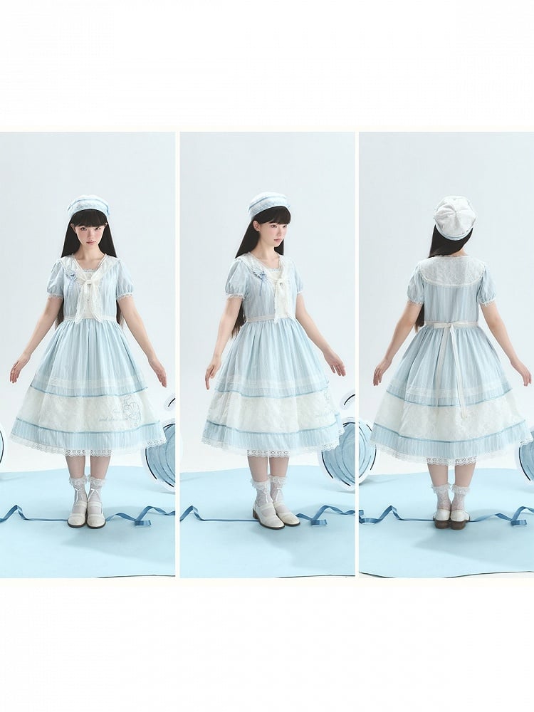 Blue Striped Lace OP with Bow Tie - Liz Bird