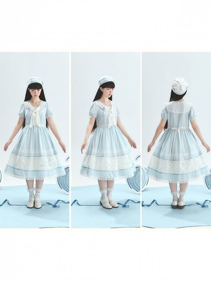 Blue Striped Lace OP with Bow Tie - Liz Bird