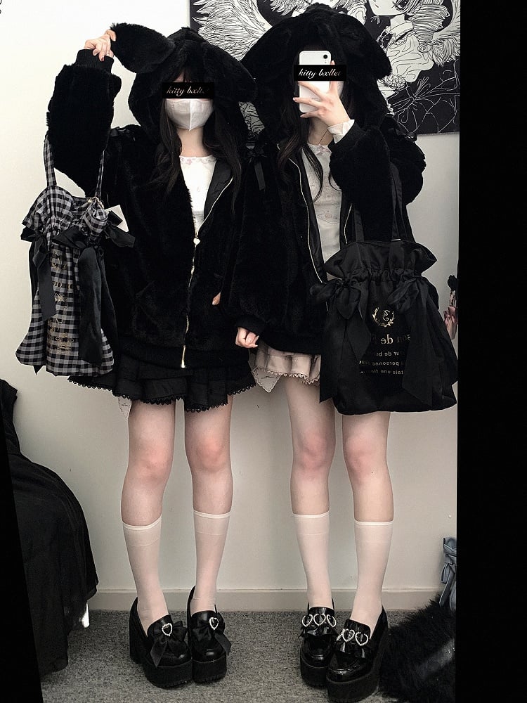 自来也 ピンク バニー耳 フード 地雷風 ぬいぐるみ ジップパーカー