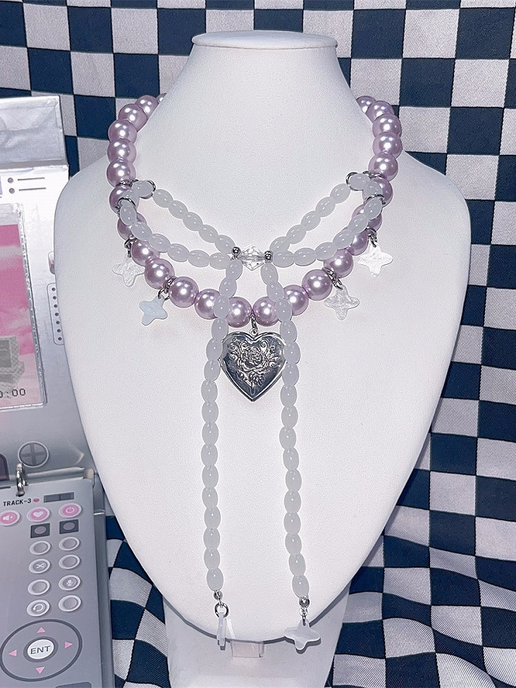 Bowknot Purple Design Beaded Y2K Pendant Heart Necklace
