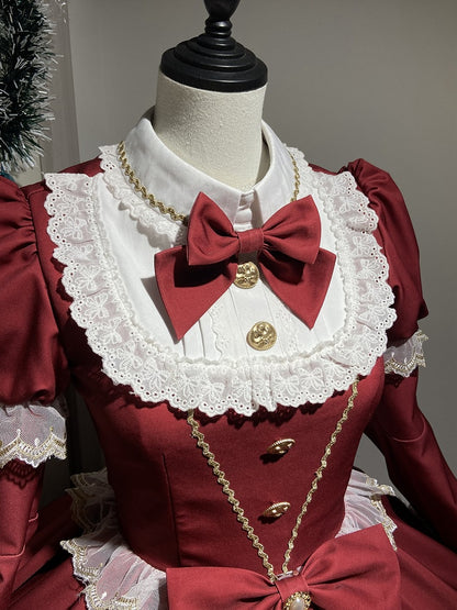 New Dress / Hem with Red Christmas Year Sleeves Lolita Pearl-Chain Bow Accents Long